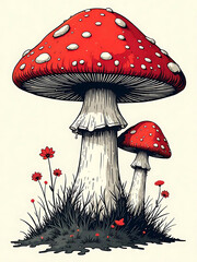 Illustration featuring two vibrant red and white mushrooms growing amongst grass and flowers.