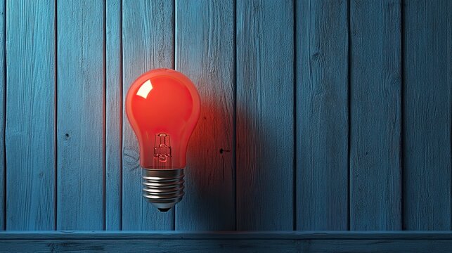Red light bulb on a blue wooden table, creating a striking color contrast, bold color scheme, and dynamic design, 3D render.