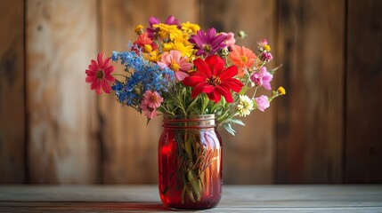 Red mason jar colorful flowers rustic table floral centerpiece spring bouquet vintage decor vibrant nature celebration country charm freshness
