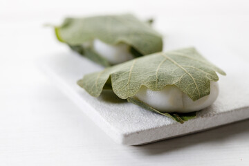 Closeup of Kashiwa mochi. Traditional Japanese sweet from white mochi or rice cake and sweet Anko or red bean paste filling surrounded with Kashiwa or Oak leaf .