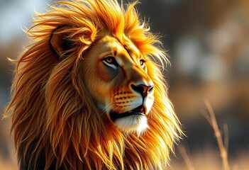 Fototapeta premium Majestic lion, golden mane, sunlit fur blowing in wind; regal portrait, summer, predator