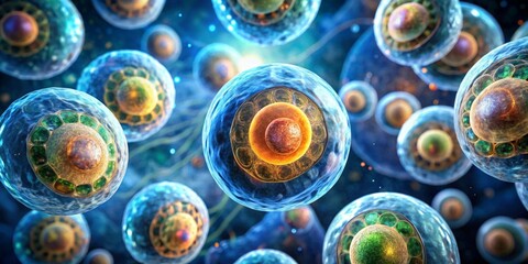 Microscopic Cellular Structures A Detailed Visualization of Intricate Organelles Within a Cluster of Vividly Colored Cells