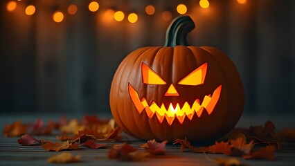 Fototapeta premium Spooky Halloween Jack-o'-lantern Pumpkin with Autumn Leaves