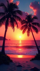Obraz premium Silhouetted palms, fiery sunset, tranquil beach , travel, dream