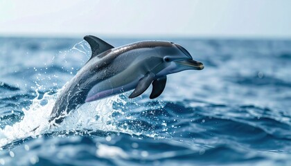 Fototapeta premium Dolphin's Majestic Leap: A captivating portrayal of a dolphin gracefully leaping out of the ocean, a symbol of freedom, agility, and the mesmerizing beauty of marine life.
