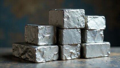 Stack of recycled aluminum blocks, various sizes, scrap metal, stack