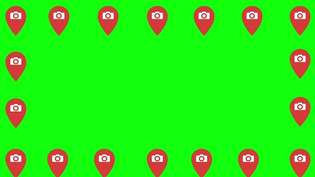 Tourism place symbolic location icons frame green screen.