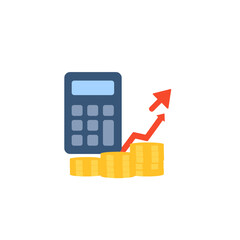 Financial Growth Icon: An upward trending arrow alongside stacks of coins and a calculator symbolizes financial growth, investment success, and economic prosperity.