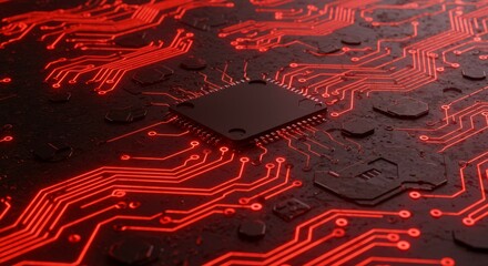 Electronic Circuit Board with Red Glowing Traces Technology Concept