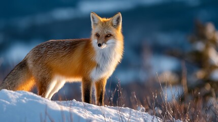Fototapeta premium Red fox standing on a snow covered hill at sunset