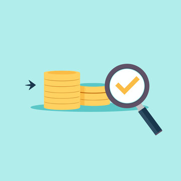 Financial Assessment: A financial icon, showcasing a magnifying glass with a checkmark over a stack of gold coins, indicating verification and positive assessment of financial standing.