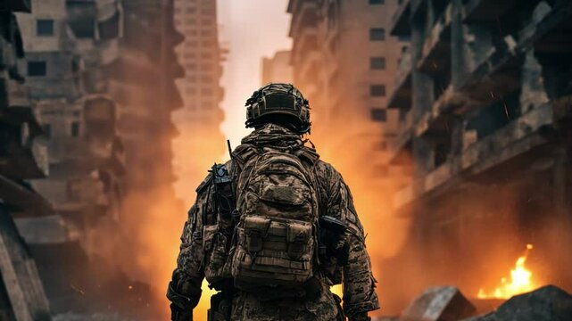 A Soldier's Resolve Amidst Devastation: A lone soldier stands amidst the ruins of a war-torn city, their silhouette a symbol of resilience, facing an uncertain future after a devastating battle.