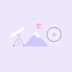 Reaching for the Summit: Illustration of achieving ambition. A Telescope, a flag atop a mountain, and a target are the icons.