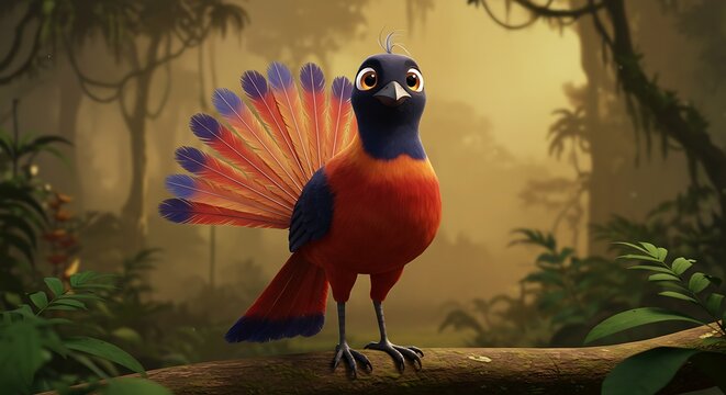 Animated paradisaeidae perched on branch amidst a lush tropical forest background