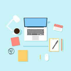 Flat Lay Desk Essentials: A minimalist flat lay featuring a laptop, notebook, coffee, pencils, pen and calendar, capturing the simple yet essential elements of a productive work space.  