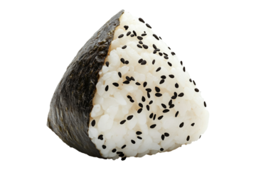 Japanese onigiri rice ball with black sesame seeds and nori seaweed wrap, isolated on white transparent background, showcasing traditional Asian cuisine concept