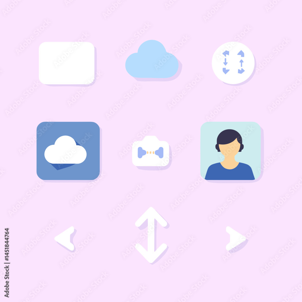 Poster digital interface icons: a set of sleek, modern icons in a soft color palette, illustrating common d