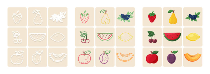 Vector icon set featuring various fruits like apple, cherry, plum, pear, strawberry and watermelon. Includes outline, colored and flat styles. Suitable for food branding, packaging and digital use