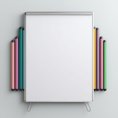 Blank Flip Chart Stand with Colorful Markers on a Plain Background