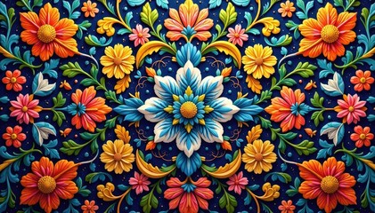 Intricate floral textile design, repeating motif, texture, flowers