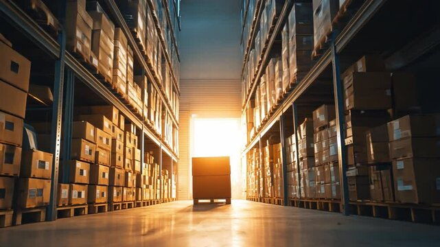 Warehouse Inventory: An expansive view of a warehouse aisle, meticulously stocked with boxes, illuminated by an opening at the end, which tells a story of logistics, storage, and supply chain. 