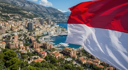 Waving Monegasque Flag Symbolizing Glamour and Heritage Against the Azure Mediterranean Sea Coastline