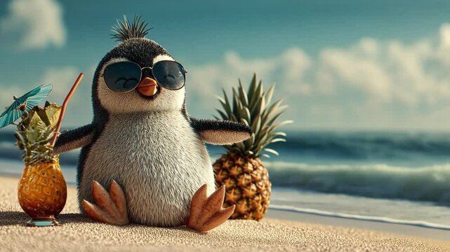 Cool Penguin on Beach Vacation: A cheerful penguin enjoys a tropical beach vacation, wearing sunglasses and relaxing with a pineapple drink.&nbsp;
