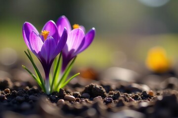 Vibrant purple crocus blossoms emerge from spring soil , plant, macro