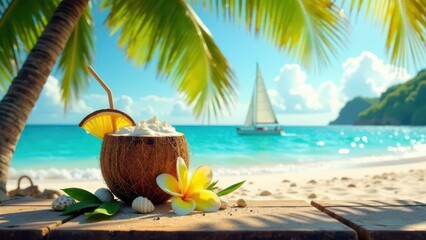 Obraz premium Tropical Coconut Drink on Wooden Table with Ocean View and Sailboat in the Distance