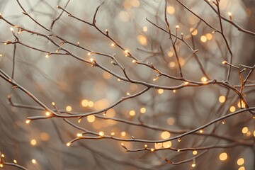 Winter wonderland with warm, golden lights on branches