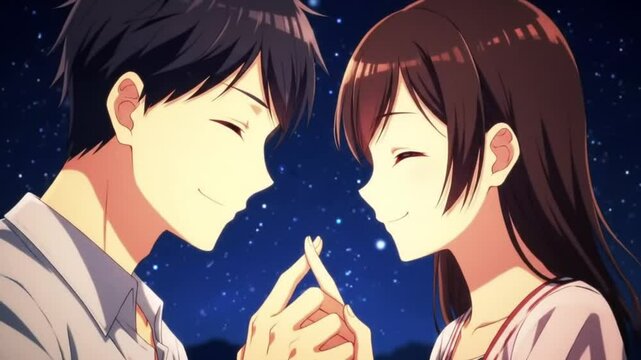 Anime Couple Stargazing on Grassy Hill Under Milky Way Night Sky"	"A dreamy anime couple enjoys a stargazing date under the Milky Way. Ideal for astronomy themes, romantic projects, and serene wallpap