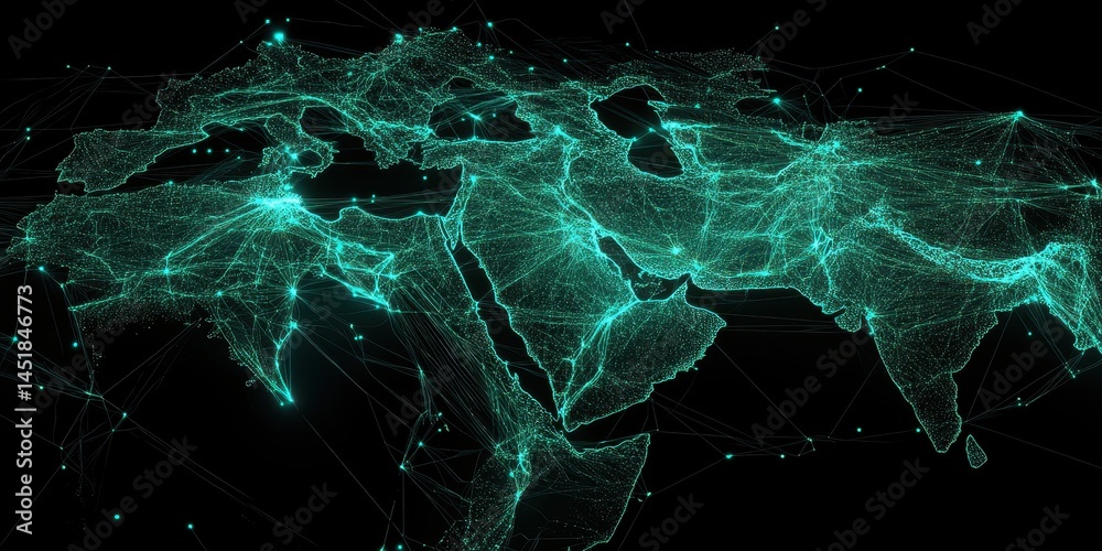 Poster digital middle east map with glowing blue connection points on dark background representing global c