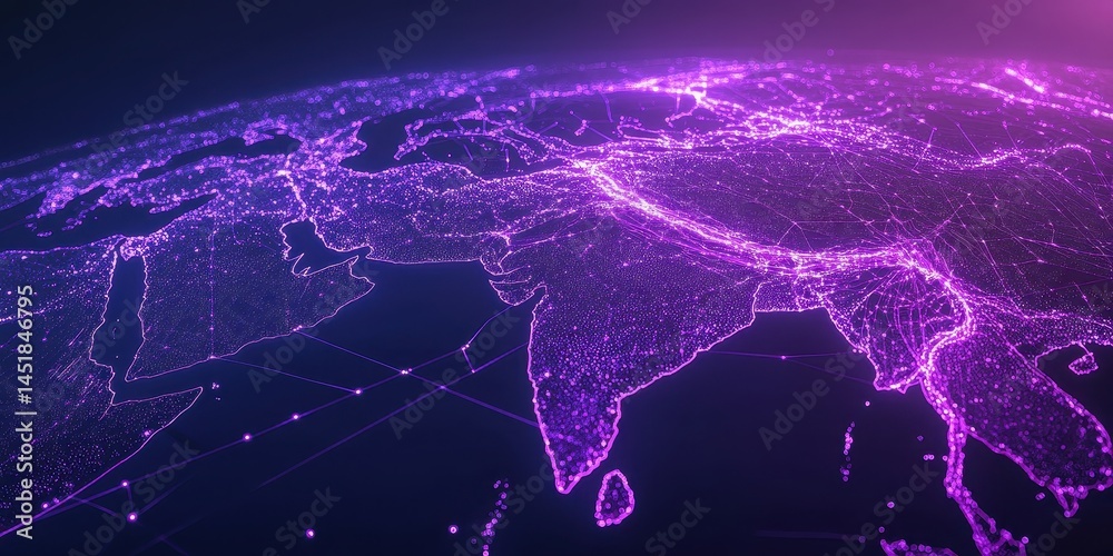Poster digital world map of asia with glowing pink and purple lights data network and futuristic design on 