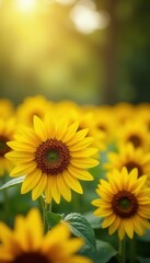 Fototapeta premium Vibrant sunflowers, blurred edges, sunlight dappled , garden, landscape, flora