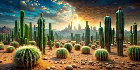 A breathtaking desert landscape at sunset, featuring various cacti species thriving amidst a rocky terrain, with a mysterious distant cityscape silhouetted against the fiery sky.