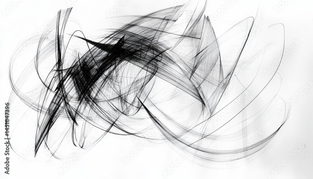 Aufkleber dynamic abstract expression in black and white ink on a textured white background featuring brush st