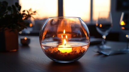 75. Indoor table centerpiece glowing with candlelight and sunset