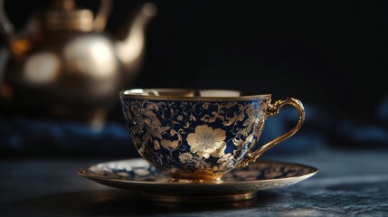 Fototapeta premium Elegant teacup and saucer with intricate gold design on deep blue porcelain