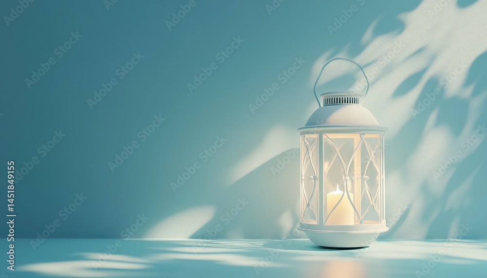 Poster elegant white lantern with glowing candle on a pastel blue surface casting intricate shadow patterns