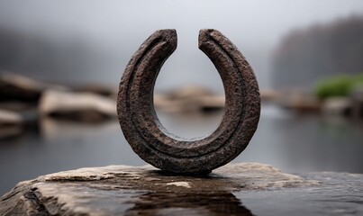 Fototapeta premium Weathered ring stands on waterside rock