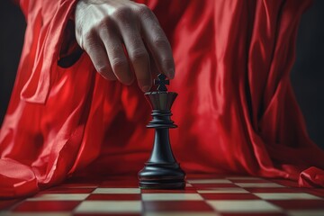 A hand in red robes moves a black king on a chessboard