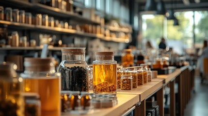 A vibrant display of assorted jars filled with natural ingredients in a modern shop setting