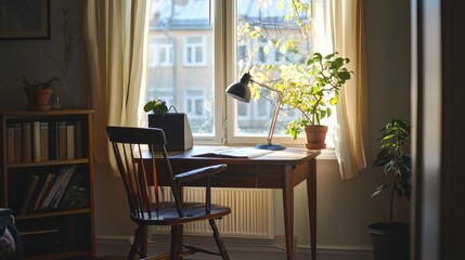 109. Small study table near sunny window with turned-on desk lamp