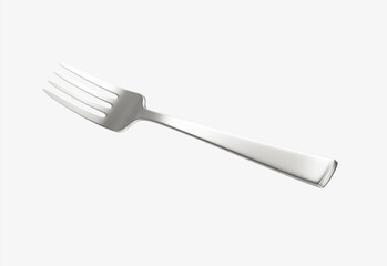 A sleek stainless steel fork with a reflective finish and a slightly curved handle. 3D Illustration
