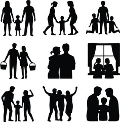 Families with Little Child Silhouette Set | Parents and Kids Icon Pack Happy Family with Small Children | Silhouette Collection for Designers
