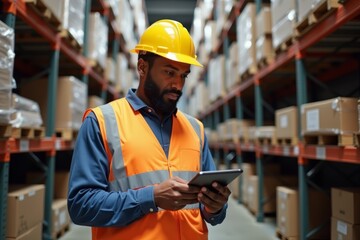African-American Warehouse Supervisor Using Tablet to Conduct Inventory Check