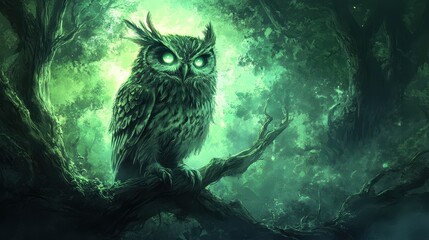 An eerie owl perched in the dark, shadowy woods, with a realistic depiction of its piercing eyes and nocturnal environment.