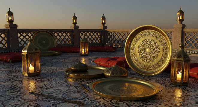 Evocative scene showcasing traditional golden lanterns and trays for Eid celebrations