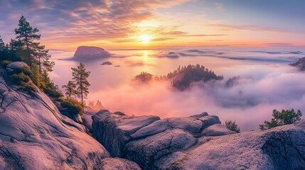 Sunrise Mountaintop View Misty Lake Rocks Trees