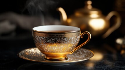 Fototapeta premium Golden teacup with steam rising
